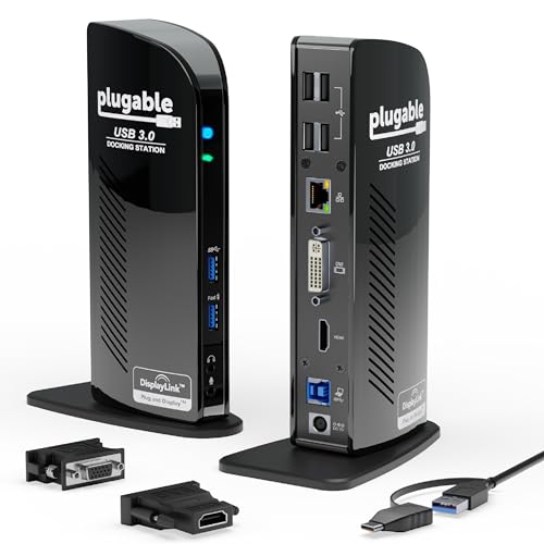 Plugable USB 3.0 Universal Laptop Docking Station Dual HDMI Monitor for Windows and Mac,...
