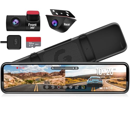 PORMIDO Mirror Dash Cam 12' with Detached Front Camera,Anti Glare Full Touch Split Screen...