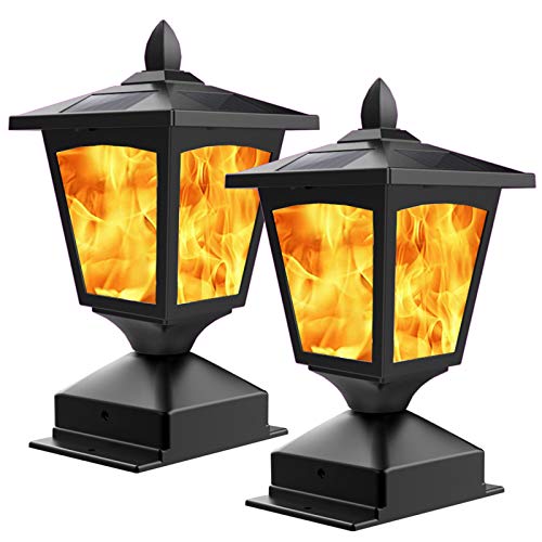 Solar Post Flame Light, Outdoor Deck Fence Post Cap Top LED Light wih Flickering Flame,...