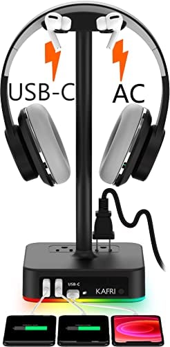 KAFRI RGB Headphone Stand with USB A&C Charger Desk Gaming Headset Holder Hanger Rack with...
