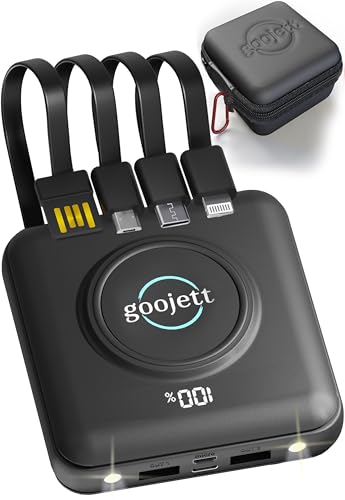 goojett 5-in-1 Wireless Portable Charger: 4 Built-in Cables, USB-C 10000mAh Digital...