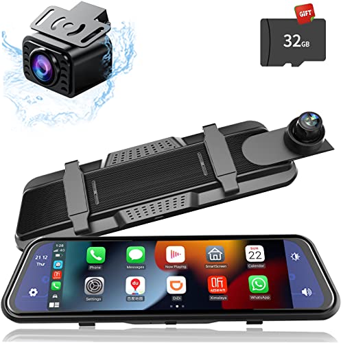 Mirror Dash Cam Wireless CarPlay & Wireless Android Auto, Dash Cam Front and Rear Backup...