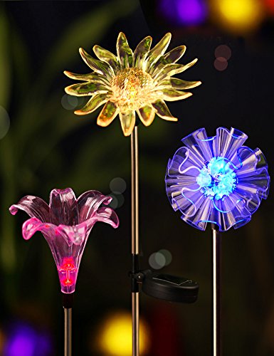 Bright Zeal Set of 3 LED Solar Stake Lights Color Changing - Outdoor Multi Color Solar...