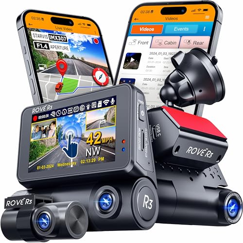 ROVE R3 Dash Cam Front and Rear with Cabin, 3” IPS Touch Screen, 3 Channel Dash Cam...