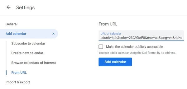 Add calendar from url