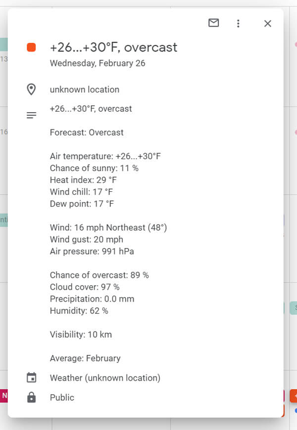 Google Calendar weather forecast