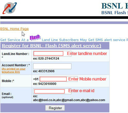 BSNL land line bill details by Email or SMS - 78