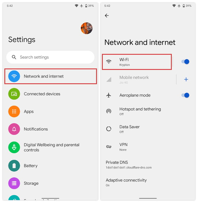 Android 12 Network and internet settings