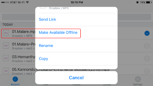 dropbox set song offline
