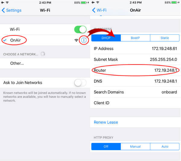 find iOS WiFi gateway IP