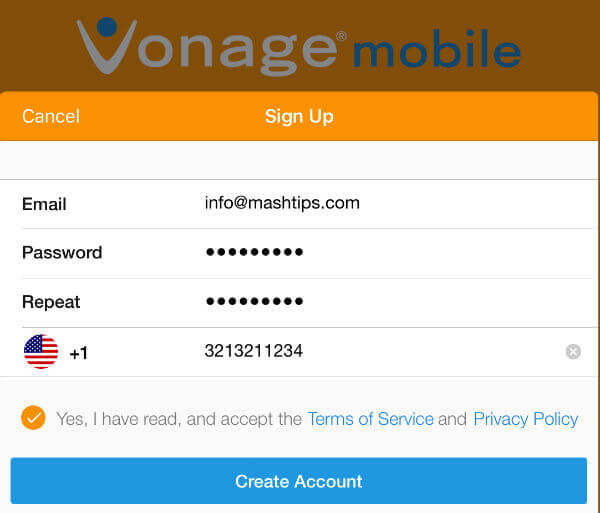 vonage app register