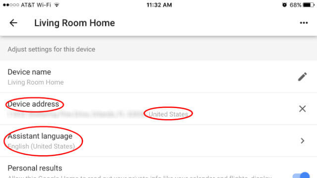 Google Home Device Address Language