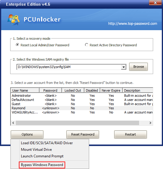 PCUnlocker bypass windows password