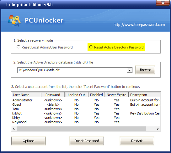PCUnlocker reset active directory password