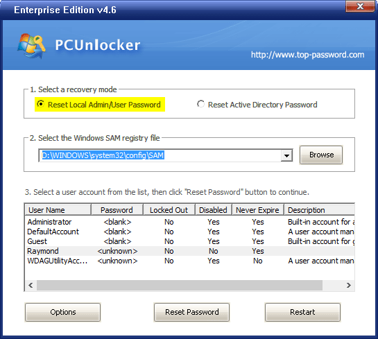 pcunlocker unable to read sam database