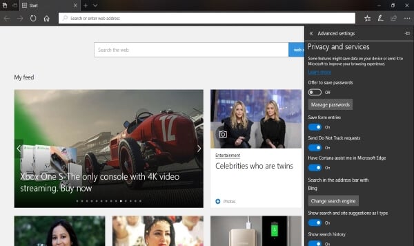 Microsoft Edge Privacy settings