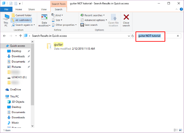 Windows 10 Boolean NOT Search