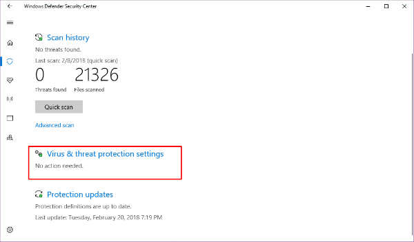 Windows Virus and Threat Protection Setting