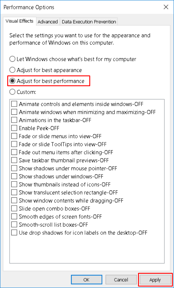Windows10 Performance Options