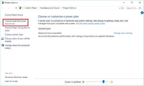 Windows10 Power Options