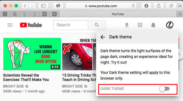 YouTube Desktop Darktheme Settings