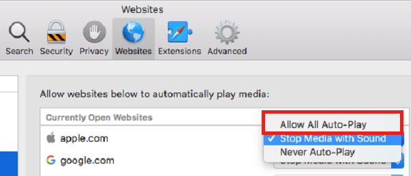 Allow Auto-Play exceptions for Safari