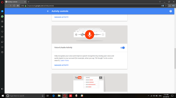 Google My Account Activity Control Option