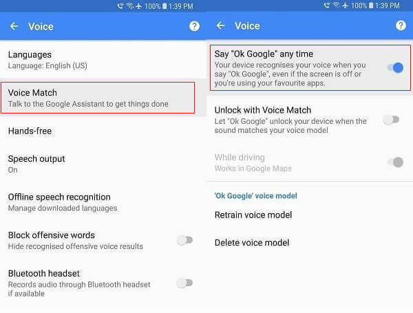 Google Settings Voice Option for Android