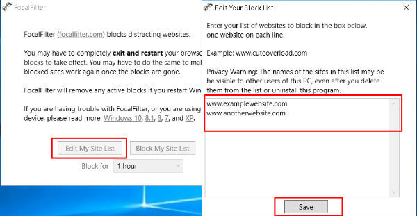 Focal Filter to Block websites on Edge