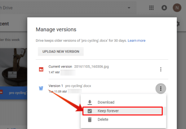 Google Drive File Version Keep Forever