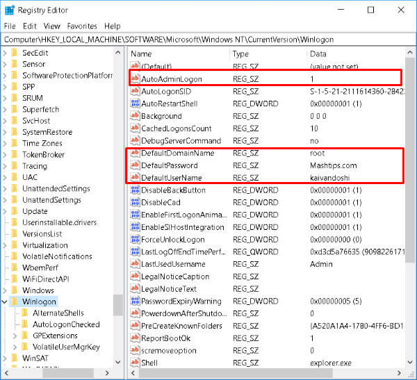 Registry edit for auto signin windows 10