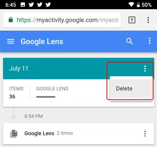 Delete Google Lens Activity by Date