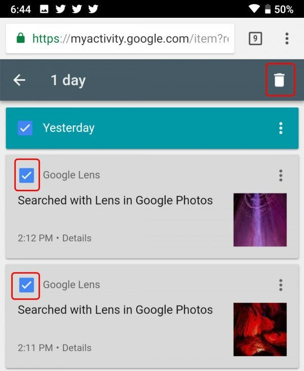 Delete Google Lens Activity by Group