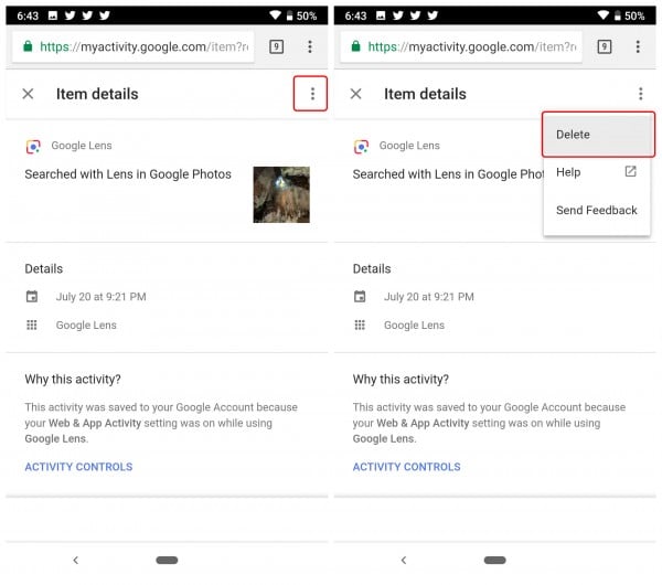 Individual Google lens Activity deletion