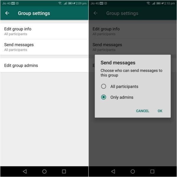 Restricting group members from sending messages in WhatsApp