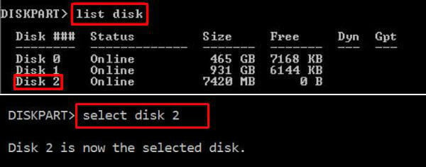 Select Disk drive in Diskpart