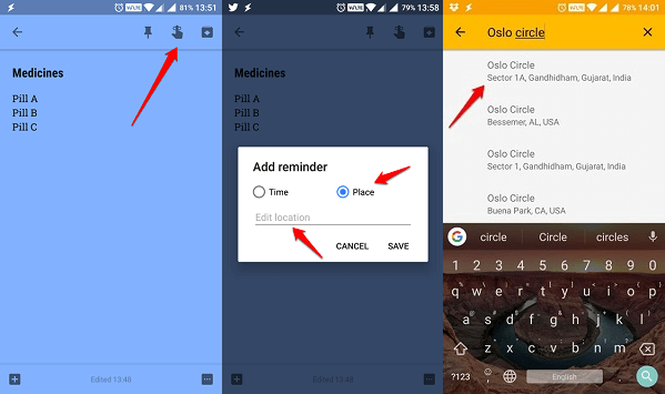 android google keep location reminder