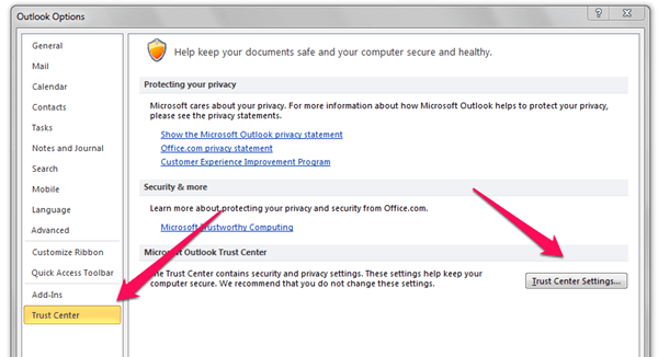 windows outlook trust center settings