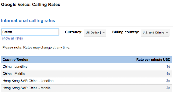 Google Call Rates