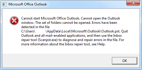 Microsoft Outlook incorrect PST file error example