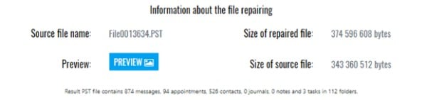 Outlook repair service. Information on data recovered from the PST file.