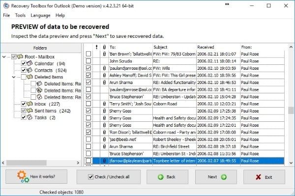 Recovery Toolbox for Outlook. Selection of data to save.