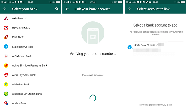 WhatsApp payment bank account add