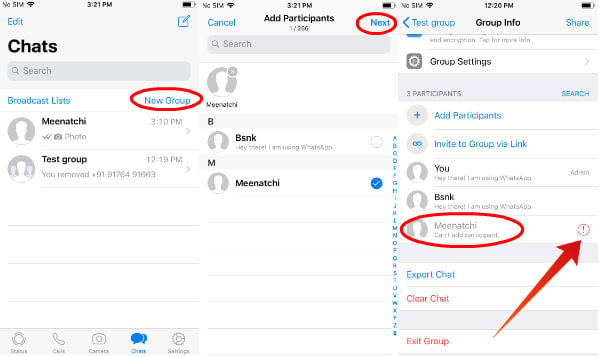 iphone add blocked contact to whatsapp group