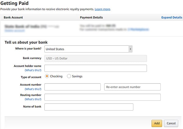 Add Bank Account details in Amazon KDP