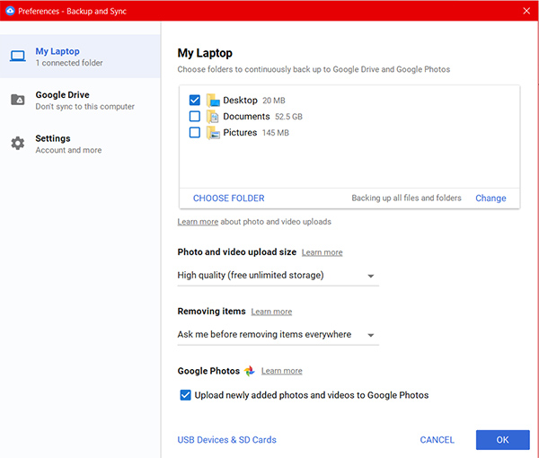 Backup Preferences Google Drive Backup and Sync on Windows