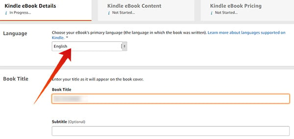 Select language, book title in Amazon KDP to publish an eBook on Amazon Kindle