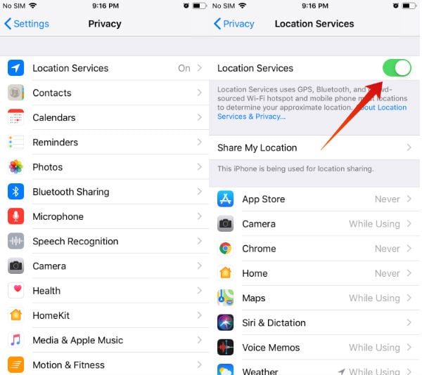 iPhone Disable location services