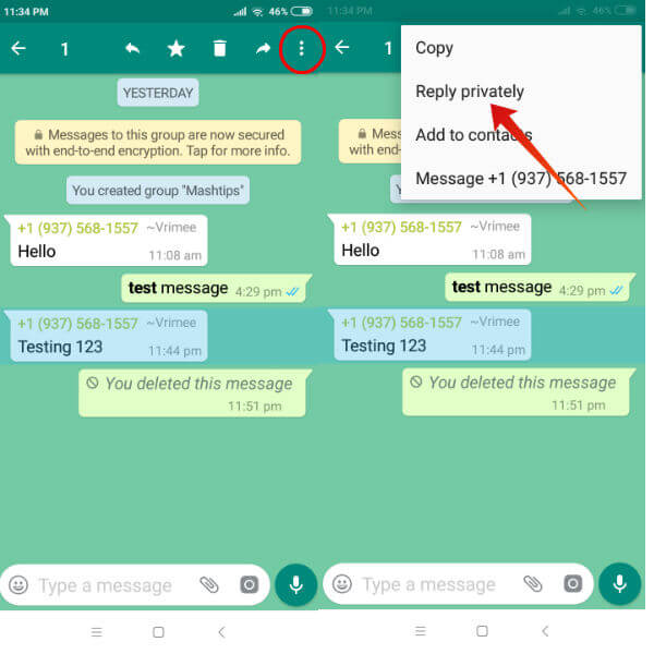 android whatsapp reply private in group