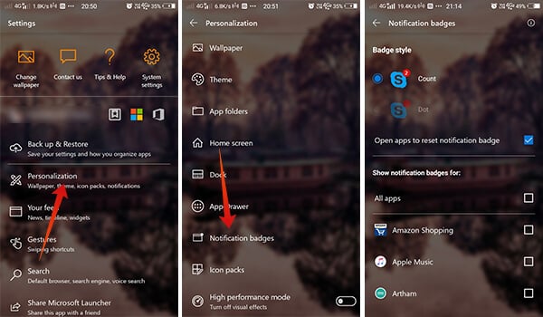 Screenshots to Turn on notification badges for apps on Microsoft Launcher